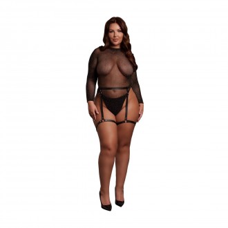 BODY AVEC PORTE-JARRETELLES EN CUIR NOIR/DORÉ BRILLANT TAILLE REINE LE DÉSIR