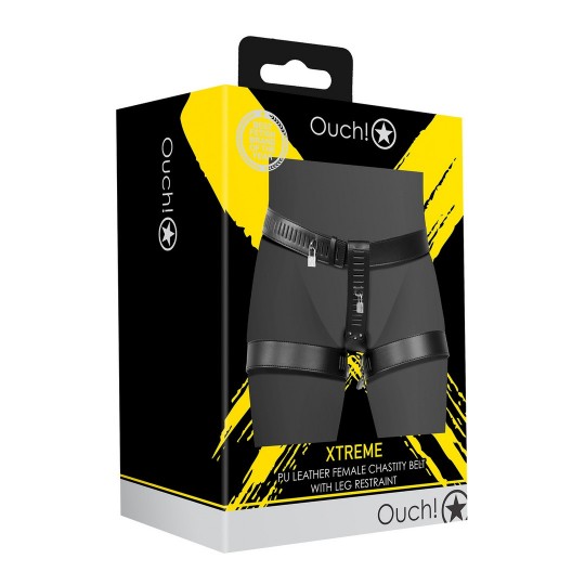 PU LEATHER FEMALE CHASTITY BELT WITH LEG RESTRAINT - BLACK