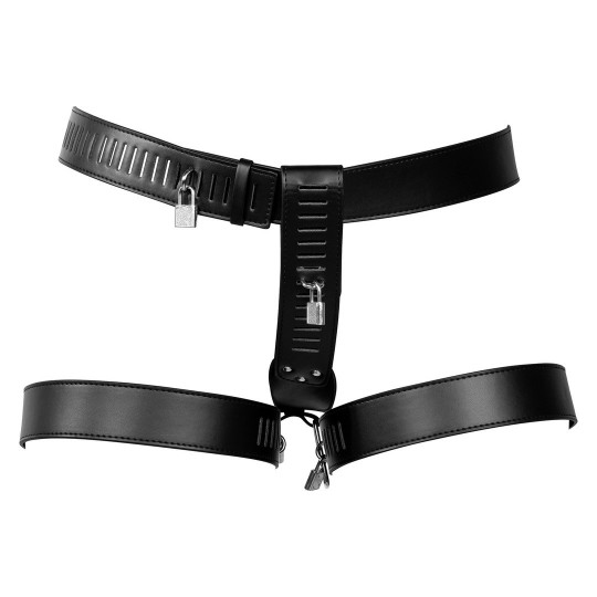 PU LEATHER FEMALE CHASTITY BELT WITH LEG RESTRAINT - BLACK