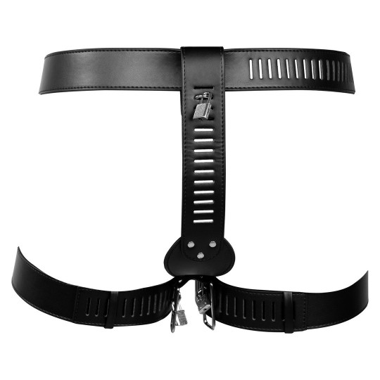 PU LEATHER FEMALE CHASTITY BELT WITH LEG RESTRAINT - BLACK