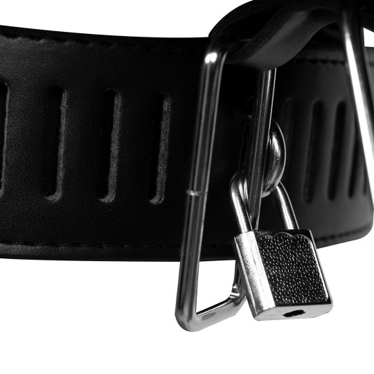PU LEATHER FEMALE CHASTITY BELT WITH LEG RESTRAINT - BLACK