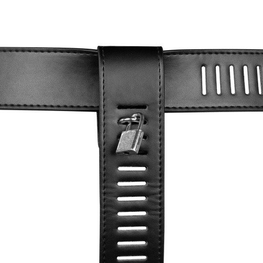 PU LEATHER FEMALE CHASTITY BELT WITH LEG RESTRAINT - BLACK