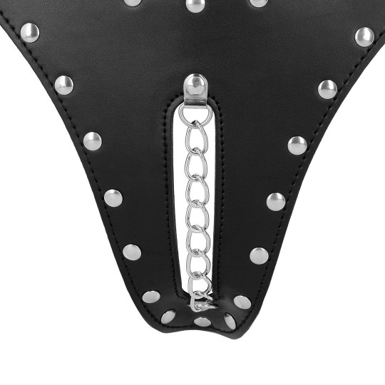 PU LEATHER CHASTITY THONG WITH CHAIN DETAIL - BLACK