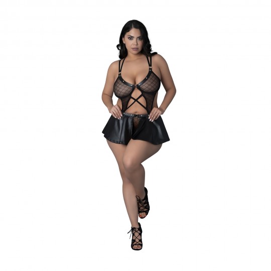 ANASTASIA - CAMI OPEN SCROTCH SKIRT PANTY AND BRA WITH RINGS AND STUDS - BLACK