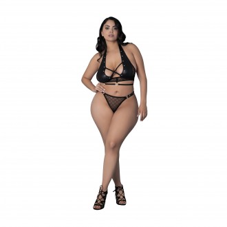 NADIA - DIAMOND MESH HALTER TOP AND RING THONG WITH RINGS CLASPS AND STUDS - BLACK