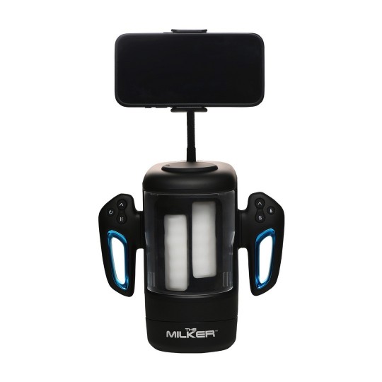 CYBER MILKER - MASTURBADOR CON ACARICIADOR Y VIBRADOR CON SOPORTE PARA TELÉFONO - TRANSPARENTE/NEGRO