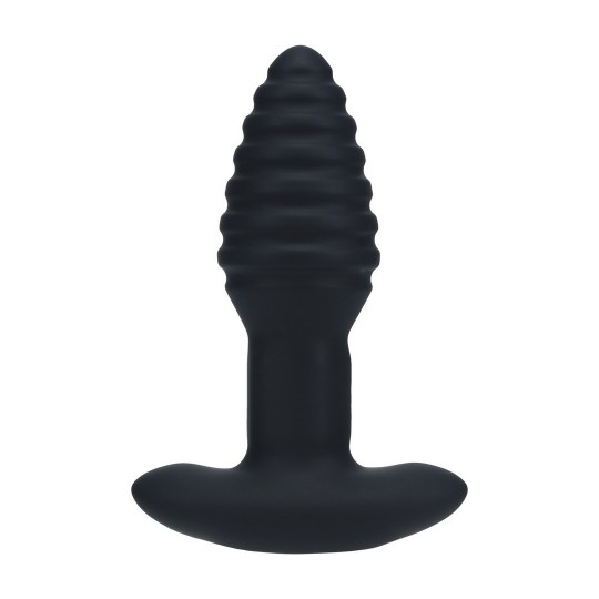 PLUG ANAL DE SILICONA RIBETEADO, VIBRANTE Y ROTATORIO CON CONTROL REMOTO - NEGRO