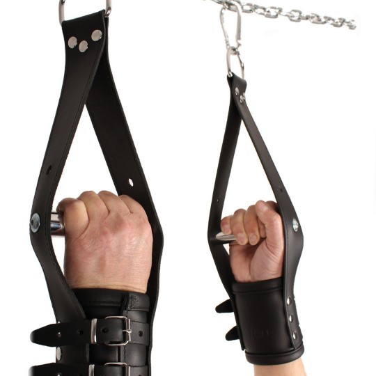 DELUXE LEATHER SUSPENSION HANDCUFFS - BLACK