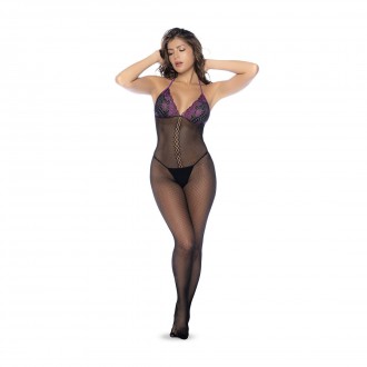 FISHNET AND LACE BODYSTOCKING SET - ONE SIZE - BLACK/PURPLE