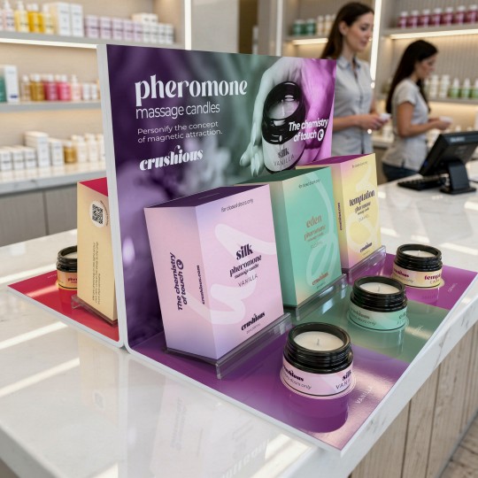 PACK DE PRÉSENTOIR POUR SILK, EDEN ET TEMPTATION COMPRENANT 9 BOUGIES DE MASSAGE AUX PHÉROMONES + 3 BOUGIES CRUSHIOUS OFFERTS
