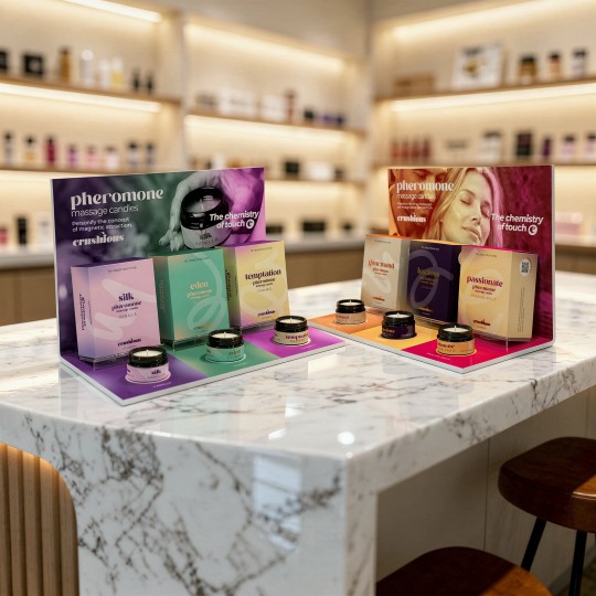 PACK DE PRÉSENTOIR POUR SILK, EDEN ET TEMPTATION COMPRENANT 9 BOUGIES DE MASSAGE AUX PHÉROMONES + 3 BOUGIES CRUSHIOUS OFFERTS