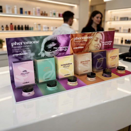 PACK DE PRÉSENTOIR POUR SILK, EDEN ET TEMPTATION COMPRENANT 9 BOUGIES DE MASSAGE AUX PHÉROMONES + 3 BOUGIES CRUSHIOUS OFFERTS