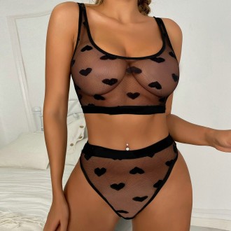 SHEER LACE HEART TWO PIECE SET - BLACK