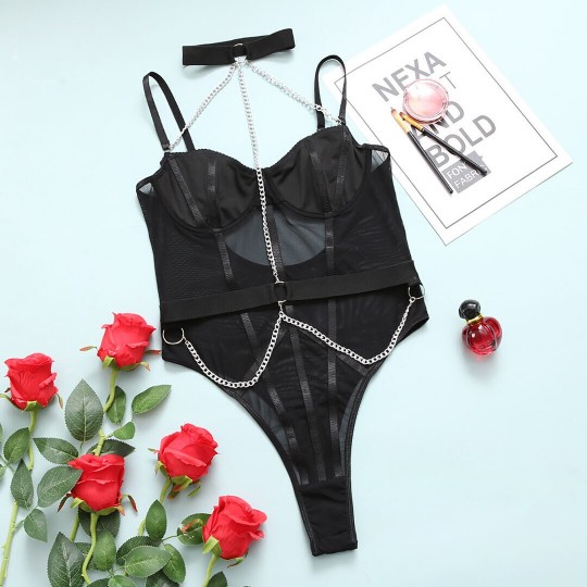 MESH BODYSUIT WITH BODYCHAIN AND COLLAR - BLACK
