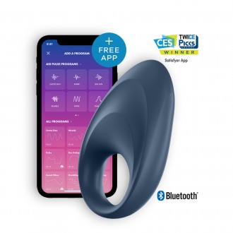 SATISFYER MIGHTY ONE RING VIBRATING RING WITH APP AND BLUETOOTH BLUE