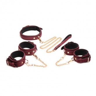 6-PIECE VELVET BURGUNDY BONDAGE SET WITH CUFFS, COLLAR AND BELT